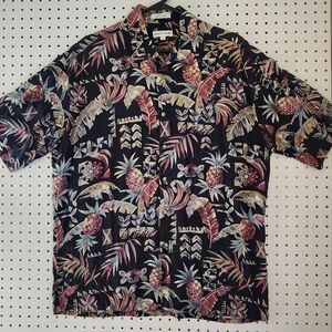 Vintage Pierre Cardin Rayon Hawaiian Shirt Large Pineapple Tropical Boho Navy